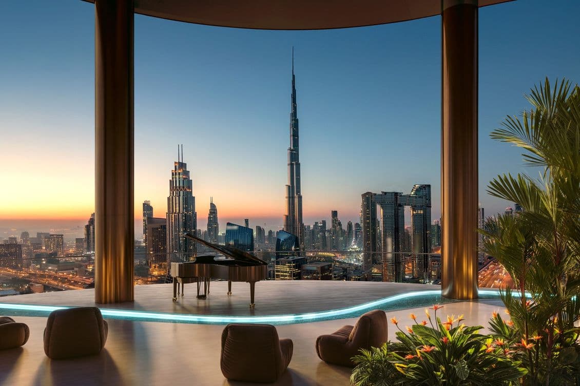 Luxurious rooftop with grand piano, plush seating, and plants overlooking a city skyline with the Burj Khalifa at sunset.