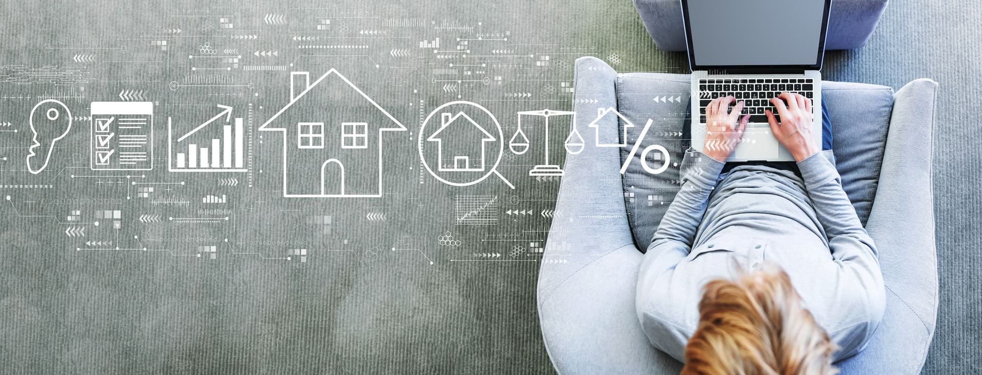 Woman sitting in a modern gray chair with laptop, surrounded by digital icons like house and bar chart – digital work in real estate industry