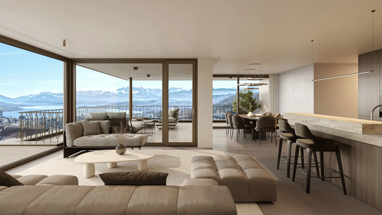 Moderner Wohnessbereich mit Sofas, Barstühlen und einem Esstisch. Grosse Fensterfront mit Blick auf den See.