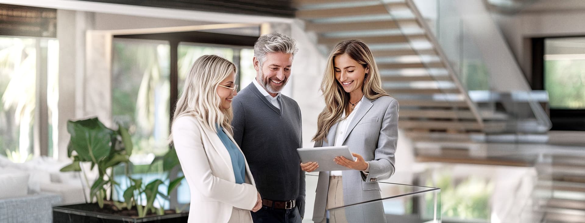 Real estate consultation in a modern luxury property: A female real estate agent in a light gray suit presents property data on a tablet to two interested clients - a woman in a white blazer and a man in a dark suit. The scene takes place in an elegant living space with a floating staircase, marble elements, floor-to-ceiling windows, and natural light. The clients are looking with interest at the presented information.