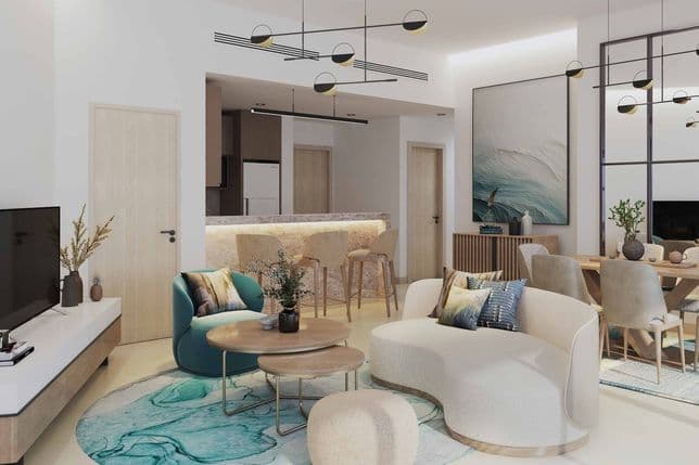 Modern living room with elegant furniture, abstract artwork, and a bar area. Features a blue area rug and stylish lighting fixtures.
