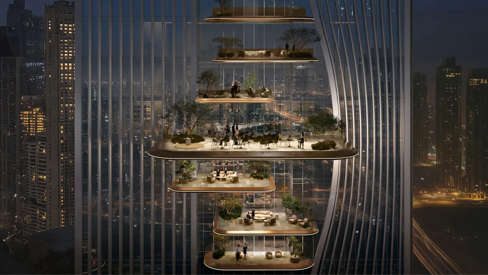 Night view of a futuristic glass skyscraper with stacked, oval balconies, greenery, and people relaxing as city lights glow below.