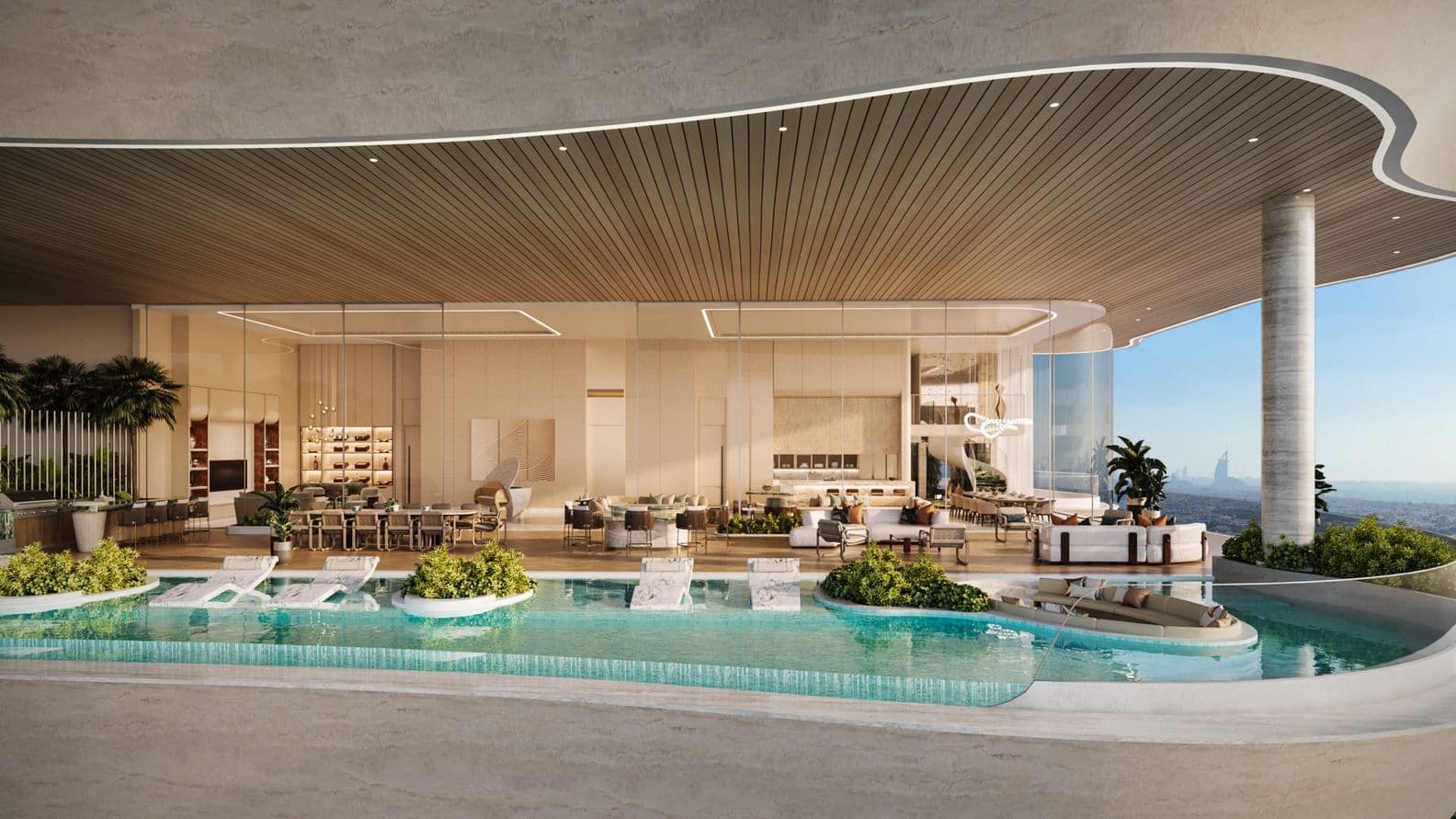 Infinity pool overlooking a city skyline, surrounded by lush greenery and palm trees, with a hazy sky in the background.