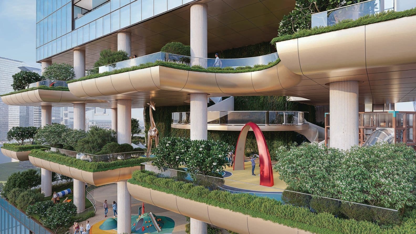 Modern building with lush gardens on terraces, featuring play areas, a red arch, metal giraffe sculpture, and city views.