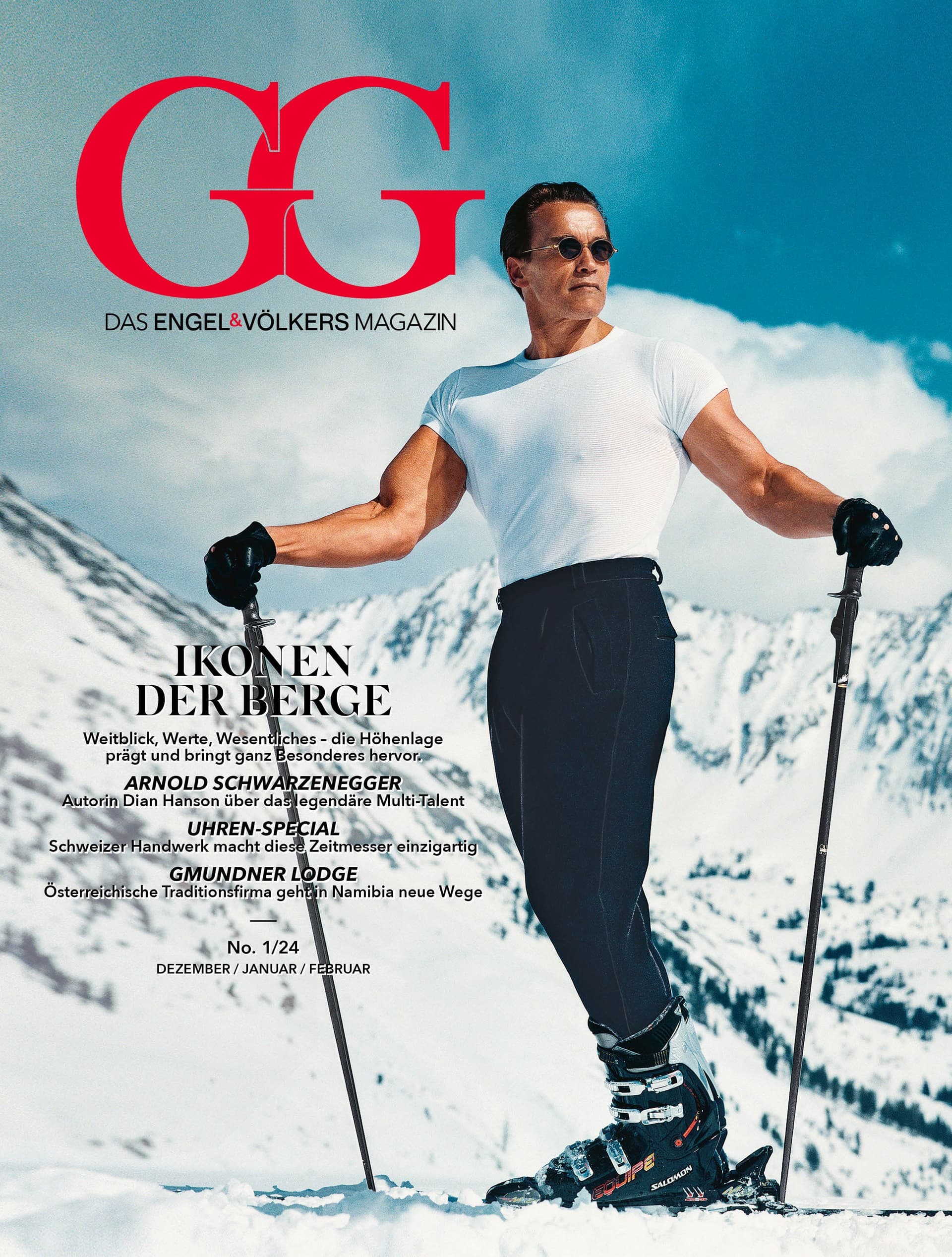 Zeitschriftencover mit Arnold Schwarzenegger beim Skifahren in einem weißen T-Shirt, schwarzen Hosen und einer Sonnenbrille vor einer verschneiten Bergkulisse.