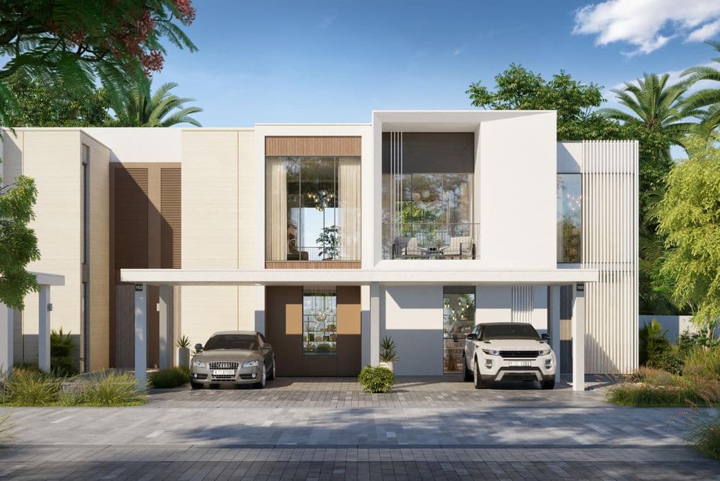 Modern two-story house with large windows, a flat roof, and two cars parked in the driveway, surrounded by lush greenery under a clear blue sky.