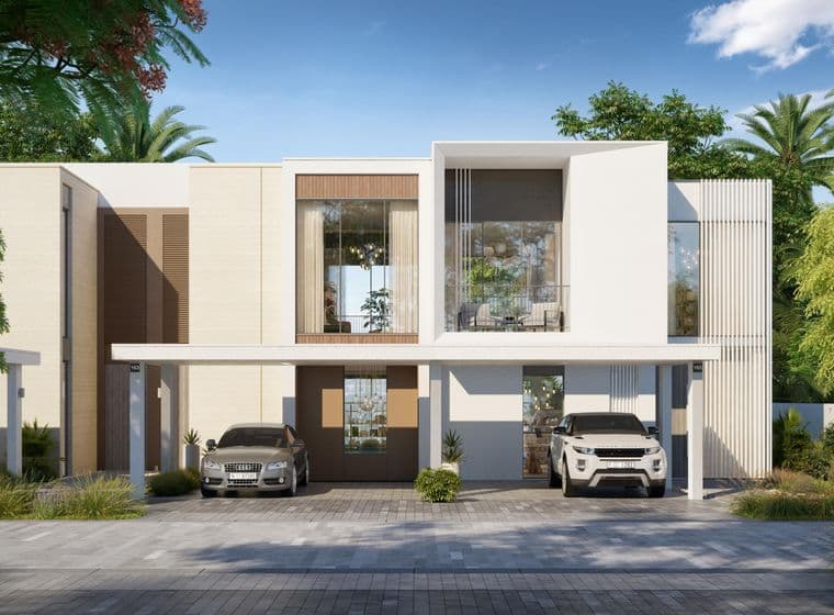 Modern two-story house with large windows, a flat roof, and two cars parked in the driveway, surrounded by lush greenery under a clear blue sky.