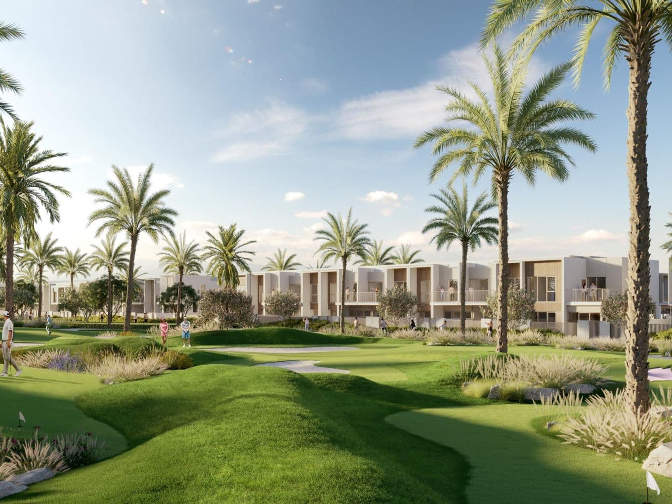 Golf course with palm trees, people playing, and modern buildings in the background under a clear blue sky.