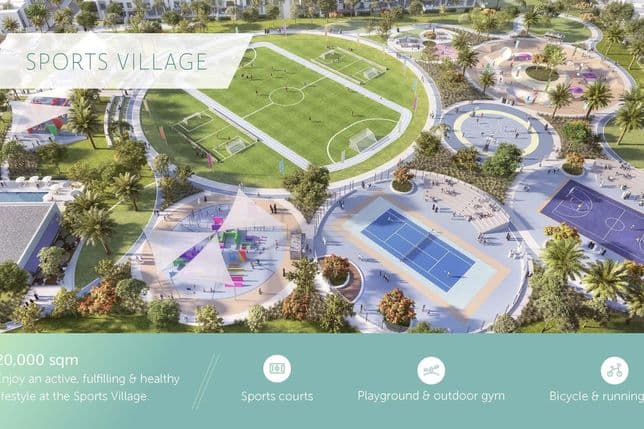 Aerial view of a sports village featuring a soccer field, tennis courts, basketball courts, playgrounds, and green areas surrounded by trees.