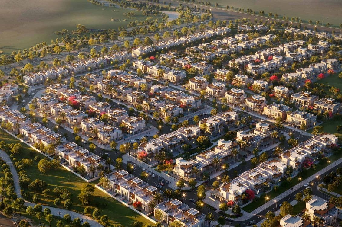 Aerial view of Hayat Residences community layout, showcasing rows of villas, landscaped greenery, and an organized neighborhood structure.