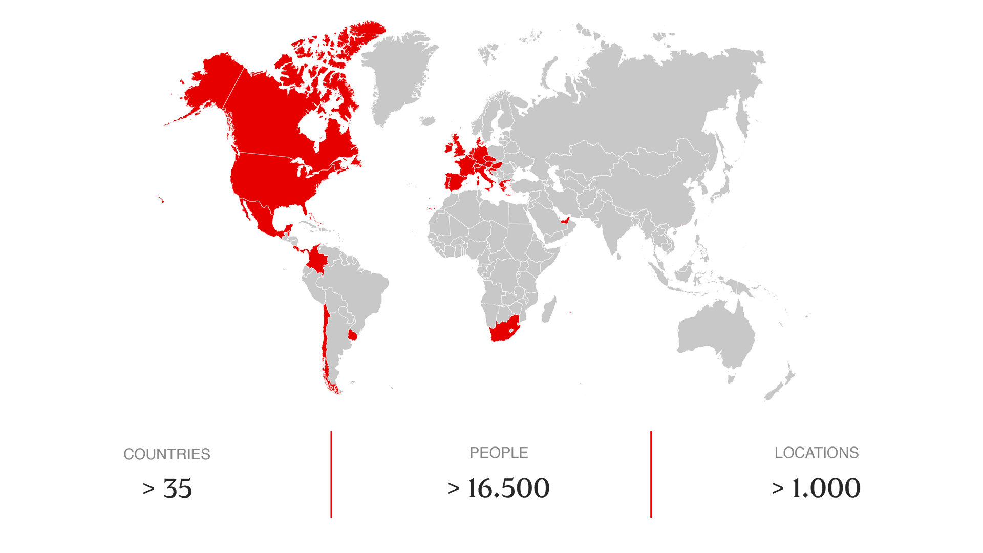 World map showing Engel & Völkers' global presence with active regions highlighted in red. Below the map, key statistics are displayed: more than 35 countries, over 16,500 people, and more than 1,000 locations worldwide.
