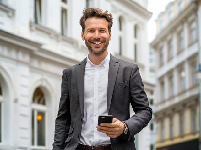 Professional in a gray suit and white shirt smiling confidently while holding a smartphone, standing in front of classical white buildings with arched windows and elegant architectural details.