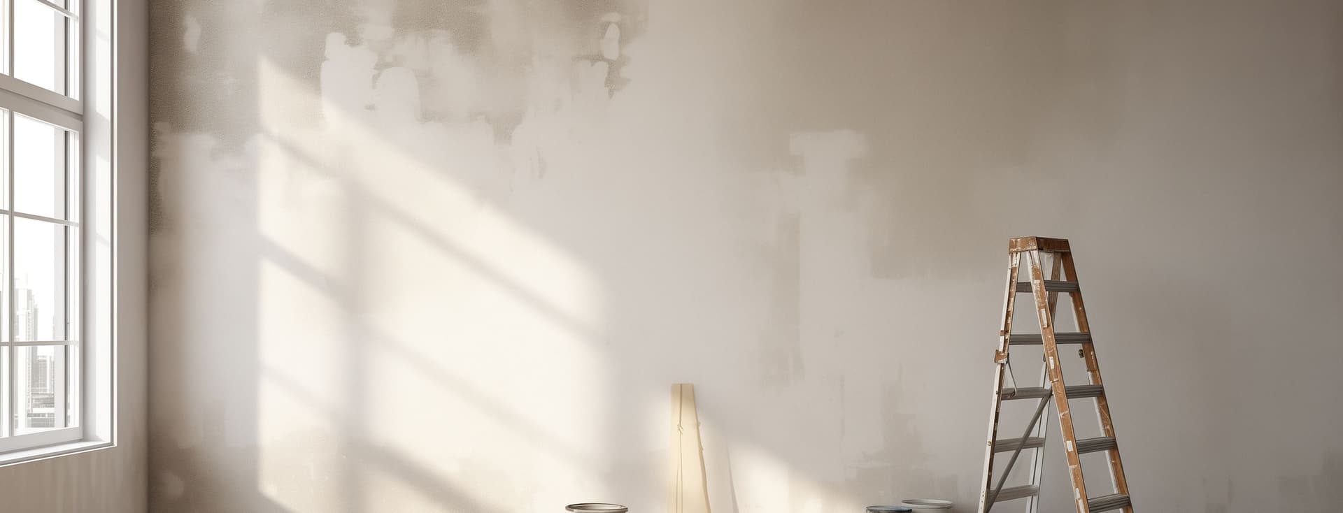 Ein sonnendurchfluteter Raum mit einer Holzleiter, Farbdosen, Pinseln und Tüchern auf einem hellen Holzfußboden, neben einem großen Fenster.