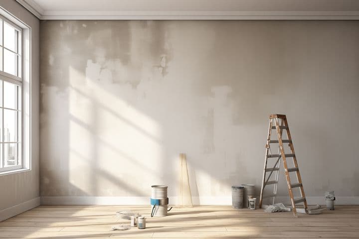 Ein sonnendurchfluteter Raum mit einer Holzleiter, Farbdosen, Pinseln und Tüchern auf einem hellen Holzfußboden, neben einem großen Fenster.