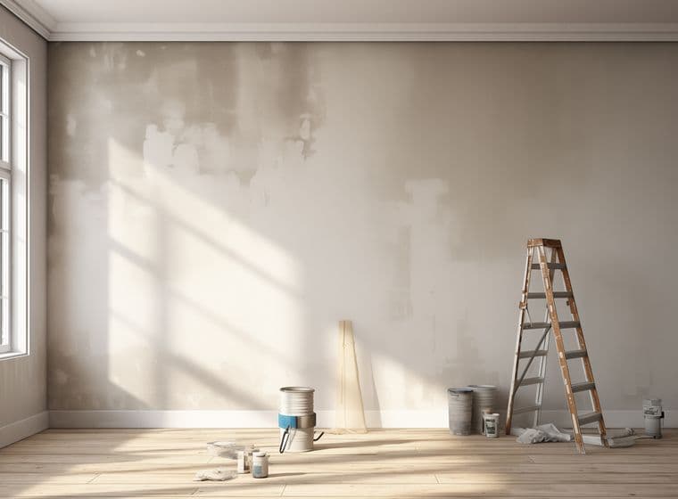 Ein sonnendurchfluteter Raum mit einer Holzleiter, Farbdosen, Pinseln und Tüchern auf einem hellen Holzfußboden, neben einem großen Fenster.