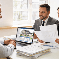 Tre persone discutono di immobili a un tavolo; un laptop mostra un annuncio di una casa. La donna tiene in mano grafici stampati, mentre gli altri ascoltano attentamente.