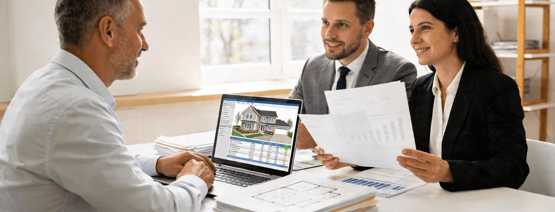 Tre persone discutono di immobili a un tavolo; un laptop mostra un annuncio di una casa. La donna tiene in mano grafici stampati, mentre gli altri ascoltano attentamente.