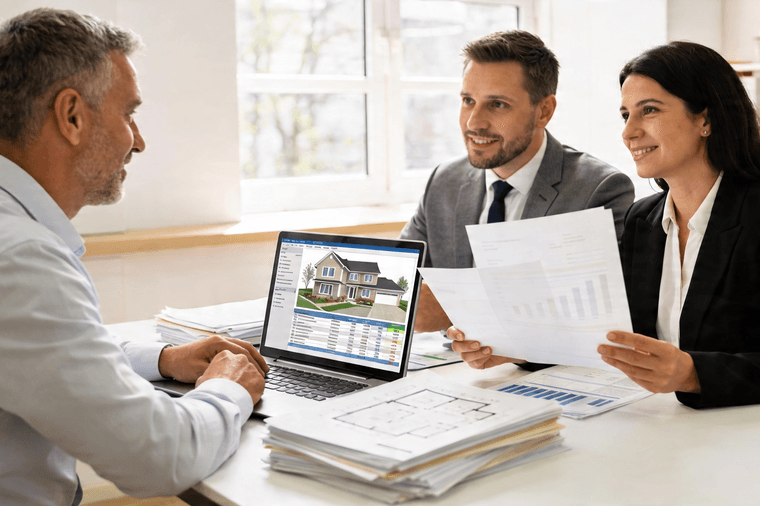 Tre persone discutono di immobili a un tavolo; un laptop mostra un annuncio di una casa. La donna tiene in mano grafici stampati, mentre gli altri ascoltano attentamente.