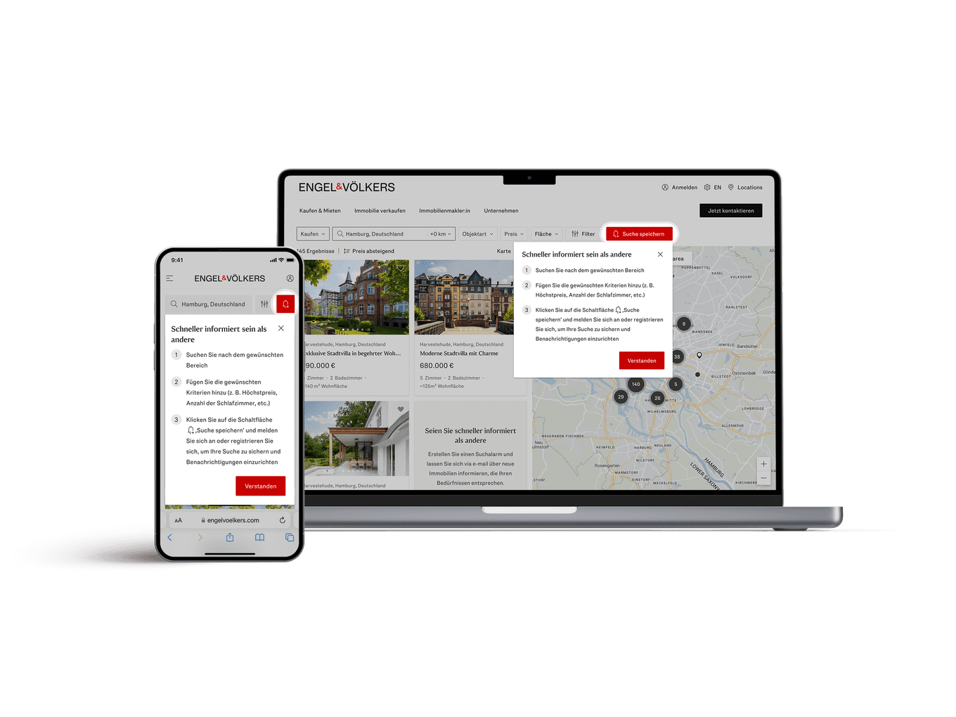 A smartphone and laptop display a real estate website with property listings, map, and search options from Engel & Völkers.