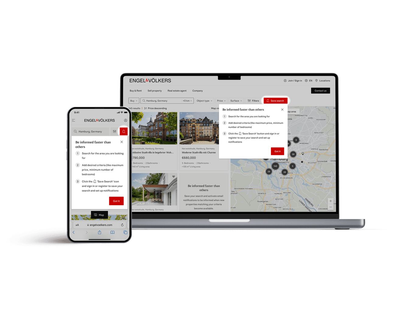 Smartphone and laptop displaying a real estate website with property listings, a map, and a pop-up message about saving searches.