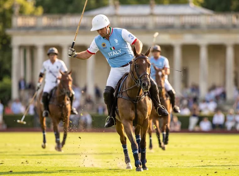 An Italian polo player on a brown horse swings a mallet during a match, with teammates and a cheering crowd in the background.