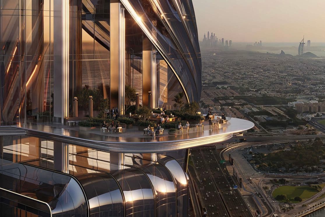 Futuristic skyscraper terrace with people enjoying the view of a sprawling cityscape and coastline during sunset.