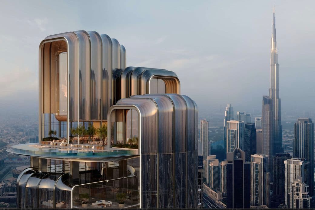 Futuristic skyscraper with curved architecture, rooftop pool, and greenery, set against a city skyline featuring a tall, iconic tower.