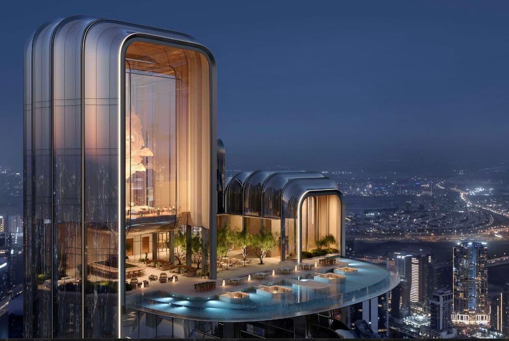 Futuristic skyscraper with large glass windows and a circular terrace, featuring a pool and trees, overlooking a city at dusk.