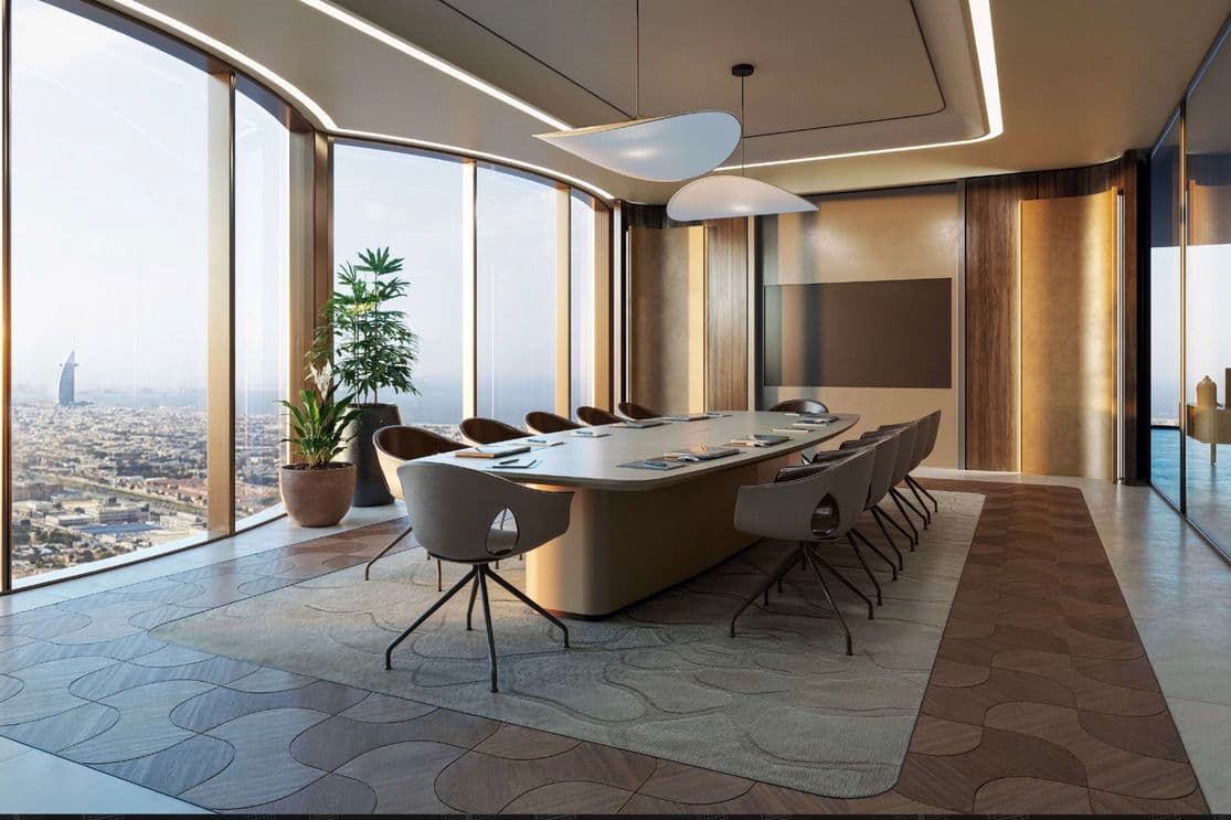 Modern conference room with a long table, chairs, large windows with a city view, sleek lighting, and a potted plant.