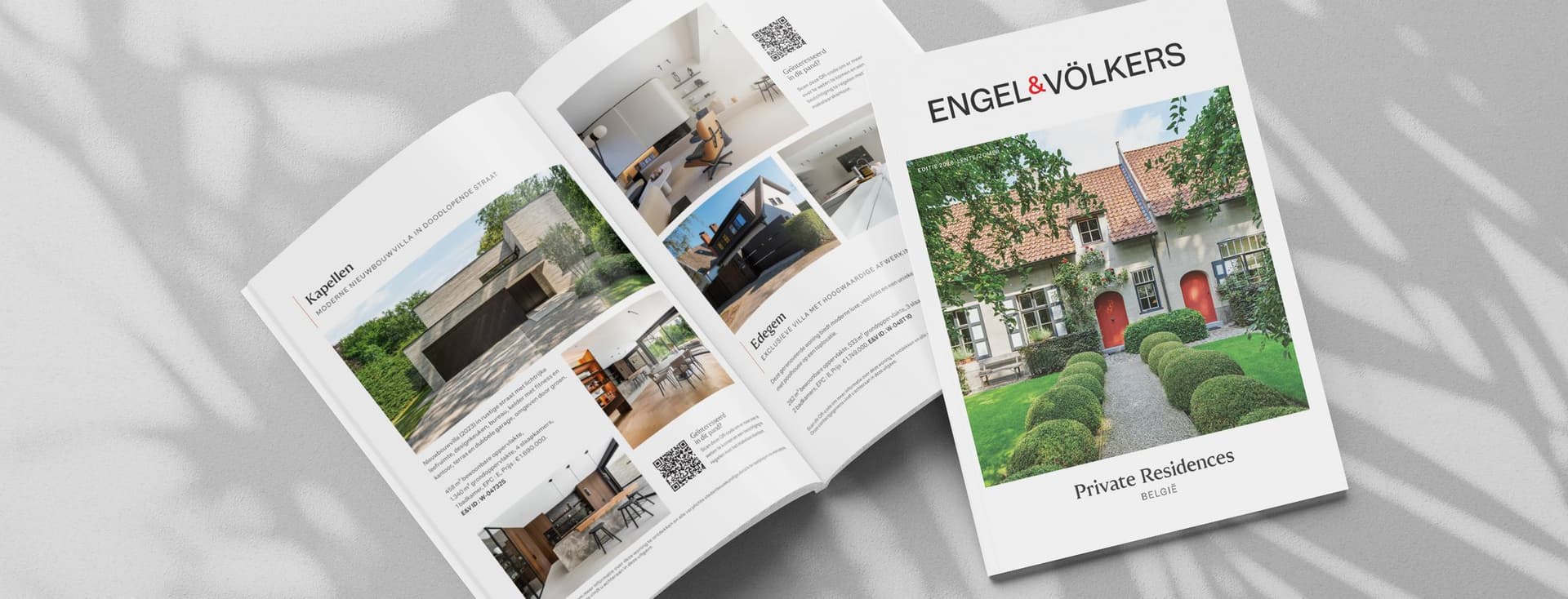 Open magazine spread with luxury real estate listings, featuring images and descriptions of modern homes. Cover title: "Engel & Völkers Private Residences."