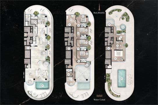 Architectural floor plans of three elongated buildings with pools, rooms, and greenery, labeled with "Burj Khalifa" and "Water Canal."