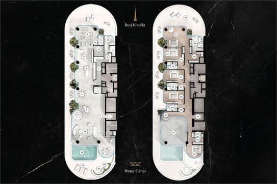 Floor plans of two luxury apartments featuring circular furniture arrangements, pools, and labeled "Burj Khalifa" and "Water Canal" on a dark background.
