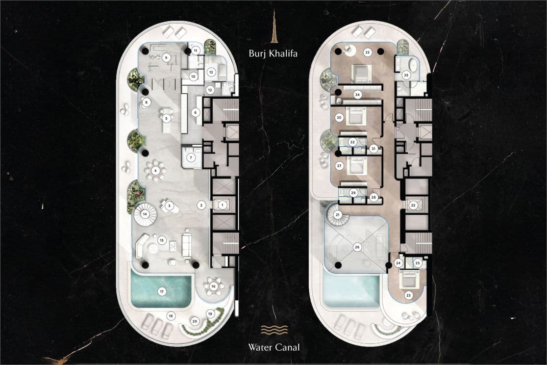 Architectural floor plan of a luxury apartment with two sections, featuring pools, multiple rooms, and labeled "Burj Khalifa" and "Water Canal."