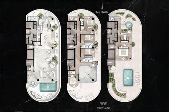 Architectural floor plans of three luxury apartments, featuring spacious rooms, balconies, and pools, labeled "Burj Khalifa" and "Water Canal."