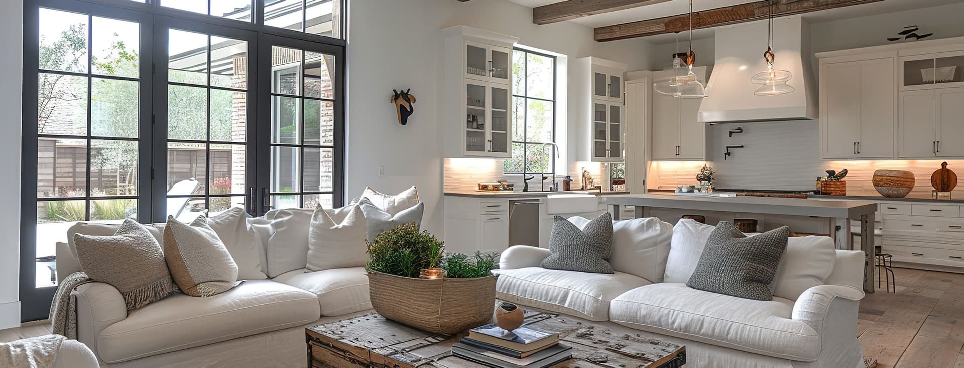 A bright, airy open-concept living room and kitchen with modern farmhouse design. The space features white slipcovered sofas arranged around a rustic wooden trunk coffee table, exposed wooden ceiling beams, large black-framed windows, natural jute area rug, and an adjoining white kitchen with pendant lighting. The neutral color palette includes white, cream, and natural wood tones with touches of greenery in a basket centerpiece.