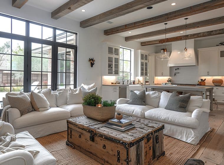 Ein helles, luftiges Wohnzimmer und eine Küche mit offenem Konzept im modernen Bauernhausstil. Der Raum verfügt über weiße Sofas mit Husse, die um einen rustikalen Holztruhen-Couchtisch angeordnet sind, freiliegende Holzbalken an der Decke, große schwarz gerahmte Fenster, einen natürlichen Juteteppich und eine angrenzende weiße Küche mit Pendelleuchten. Die neutrale Farbpalette umfasst Weiß, Creme und natürliche Holztöne mit Akzenten von Grün in einem Korb als Mittelpunkt.