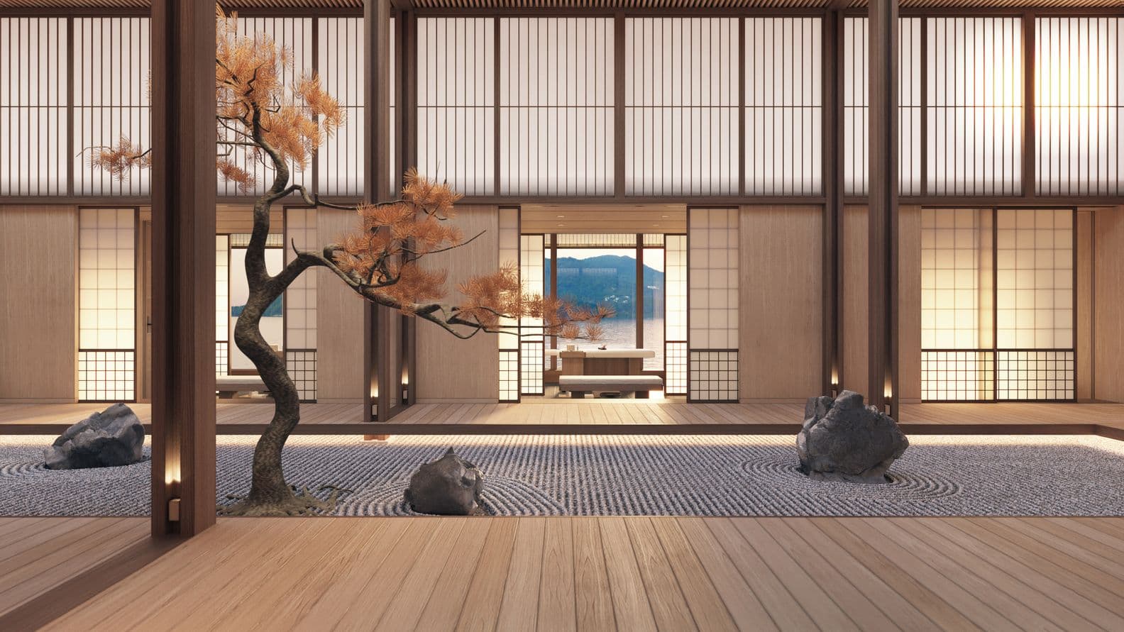 Traditioneller japanischer Saal mit Holzbalken und Shoji-Wänden; eine Orangen-Kiefer über einem Zen-Garten mit geharktem Kies, der den Blick auf einen See im Abendrot und die Berge freigibt.