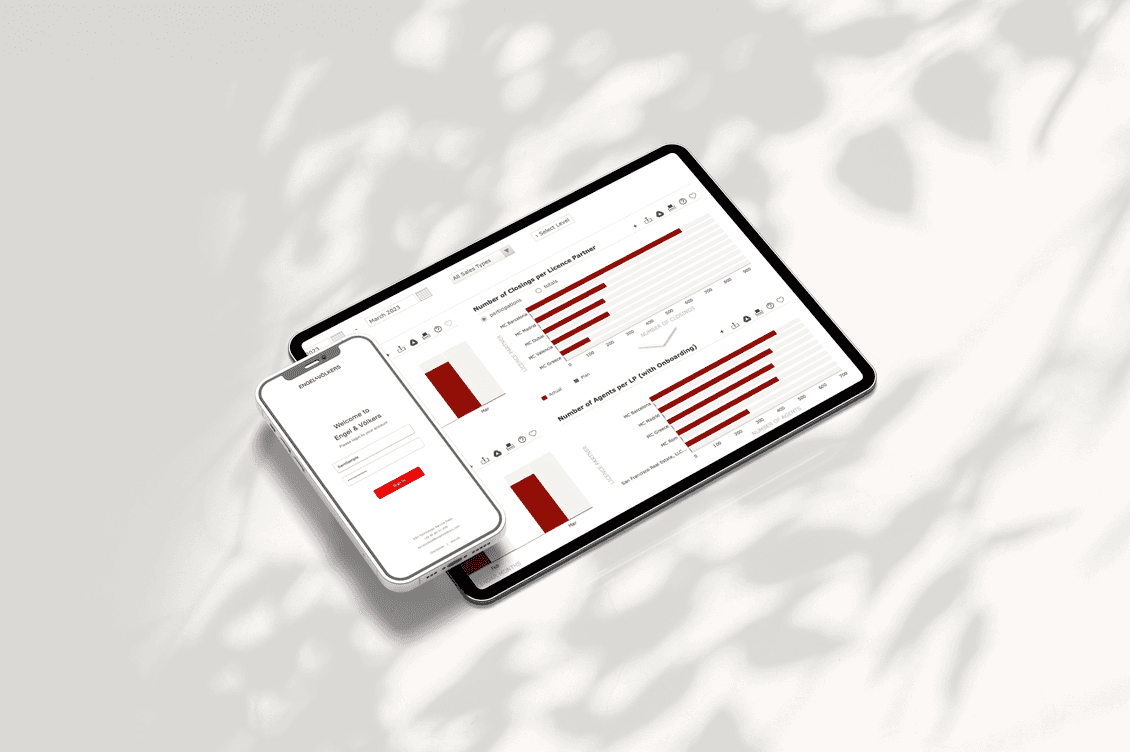Mockup of tablet and smartphone displaying business analytics dashboard with red bar charts and data visualizations on white textured background