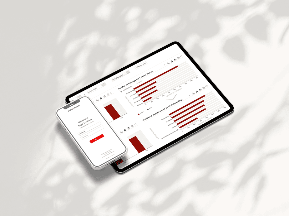 Mockup of tablet and smartphone displaying business analytics dashboard with red bar charts and data visualizations on white textured background
