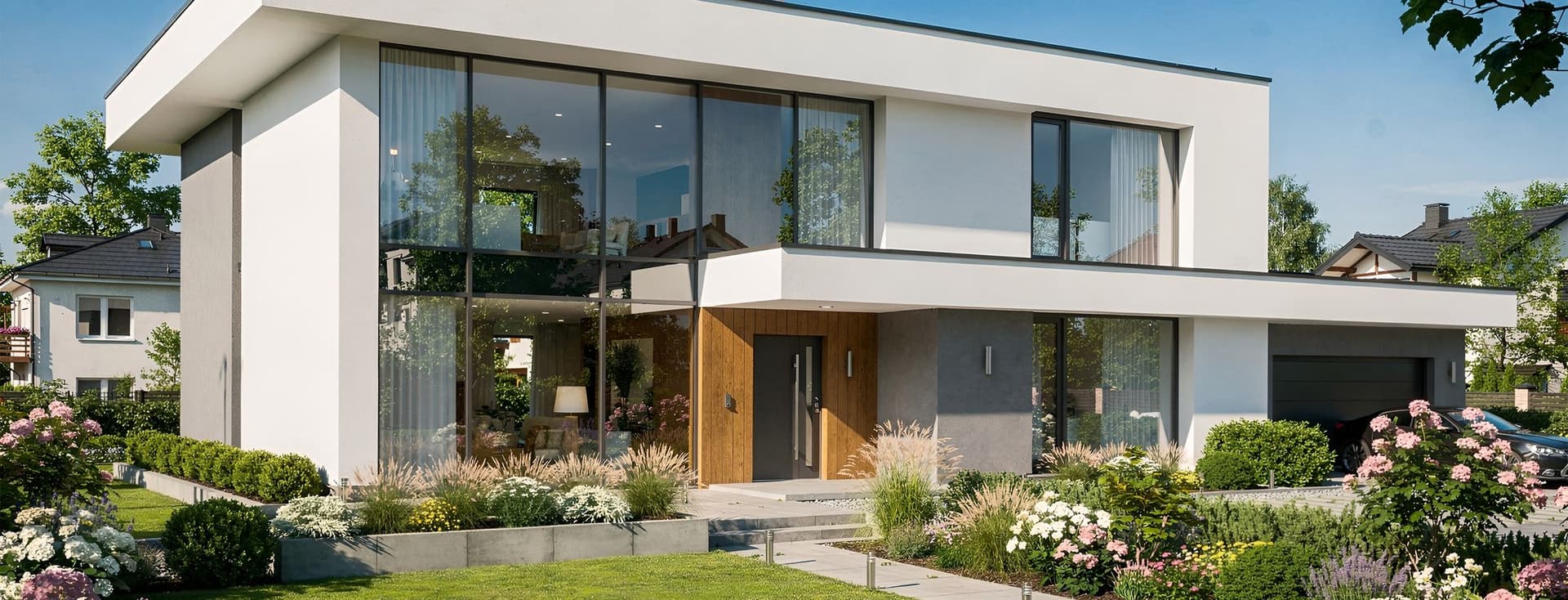 Modern two-story house with large glass windows, surrounded by a lush garden and lawn under a clear blue sky.