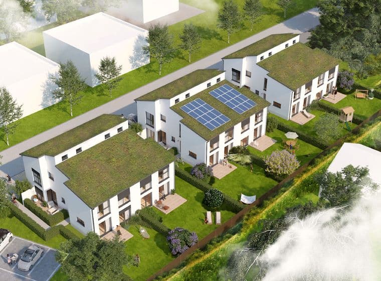 Visualisation of modern terraced houses with green roofs, solar panels and private gardens