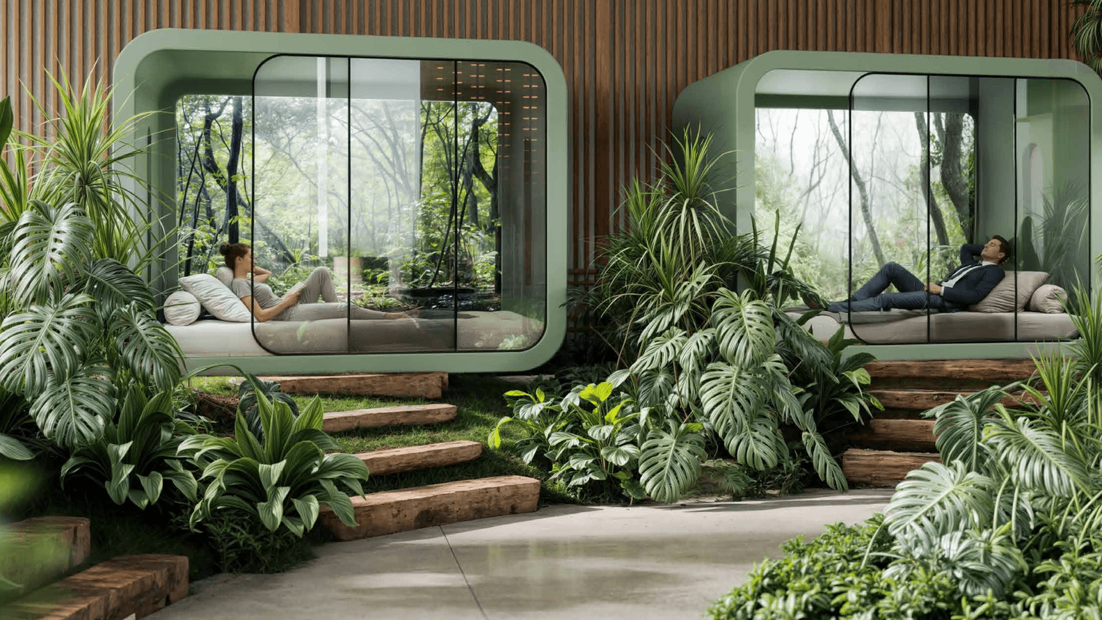 Rounded glass-walled pods with green frames in a lush indoor garden; a woman reads on the left bed, a man in a suit rests on the right.