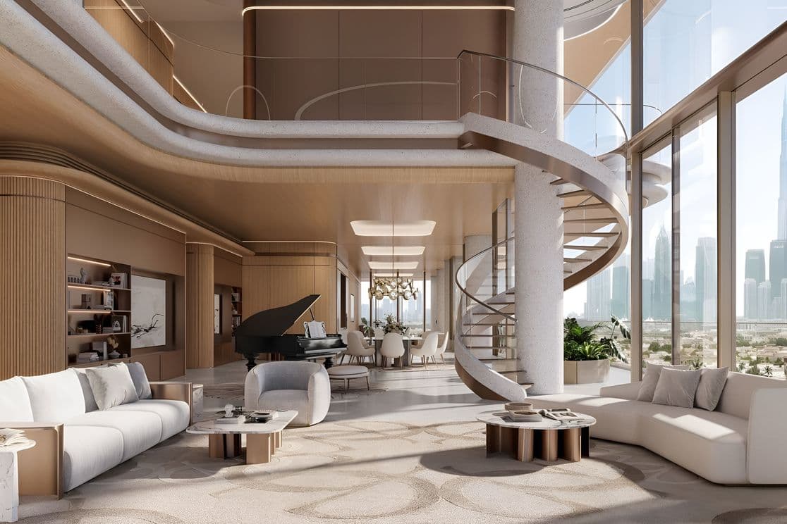 Luxurious modern living room with large windows, a spiral staircase, white sofas, a grand piano, and a cityscape view.