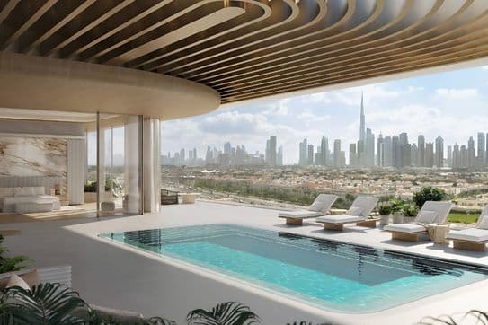Luxurious rooftop pool with lounge chairs, overlooking a city skyline featuring a prominent tall tower under a partly cloudy sky.
