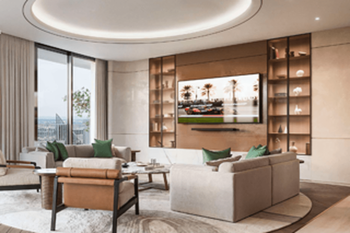Wohnzimmer in St. Regis The Residences mit raumhoher Verglasung auf Al Maryah Island Abu Dhabi