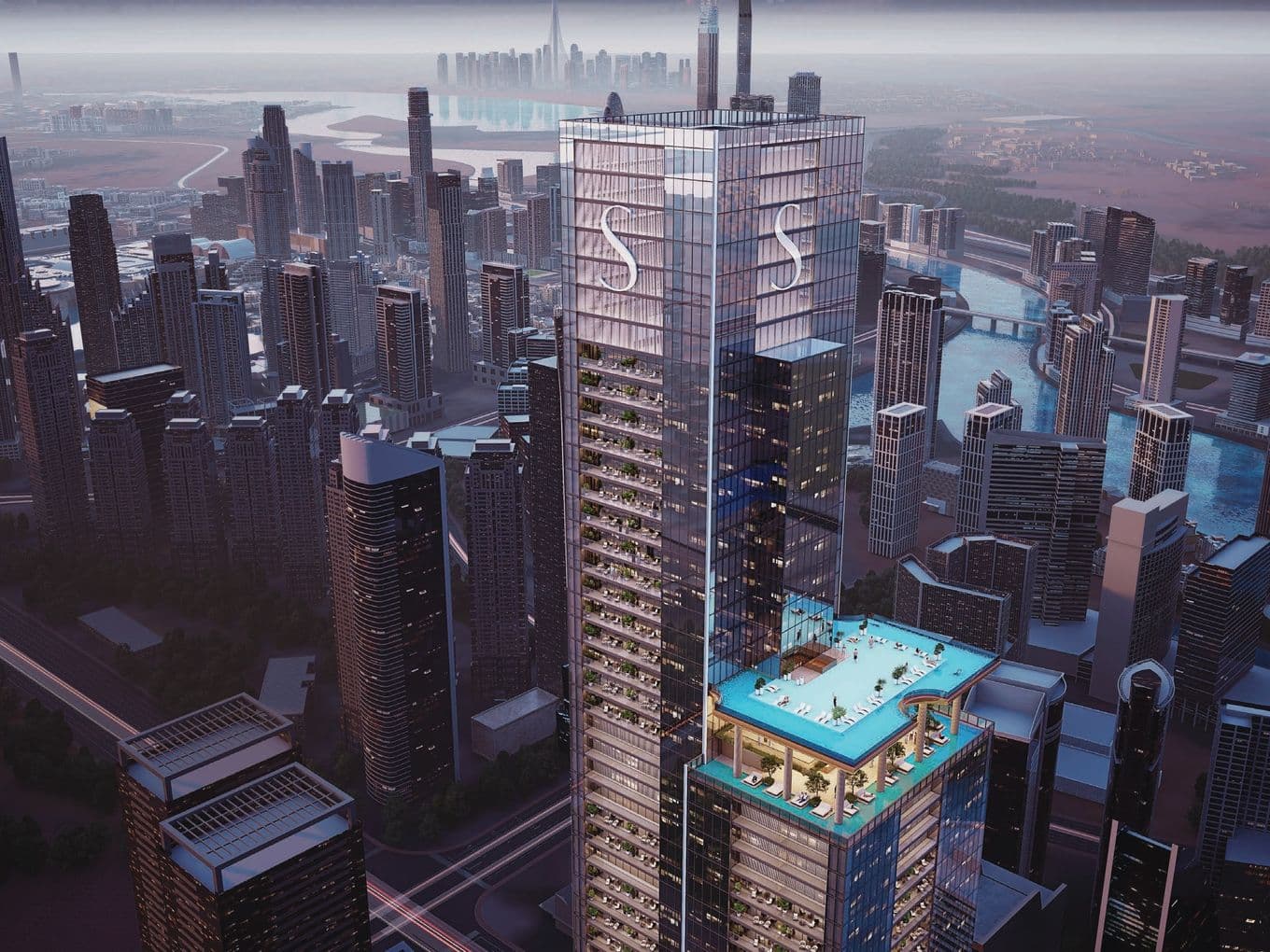 Tall skyscraper with rooftop pool, surrounded by a sprawling cityscape with numerous other high-rise buildings and waterways.