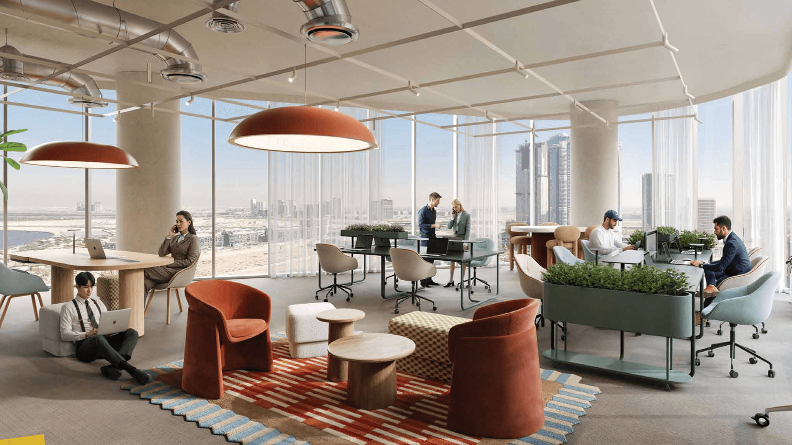 Bright open-plan office with large windows offering a city skyline view, colorful seating, plants, and people working on laptops or in meetings.
