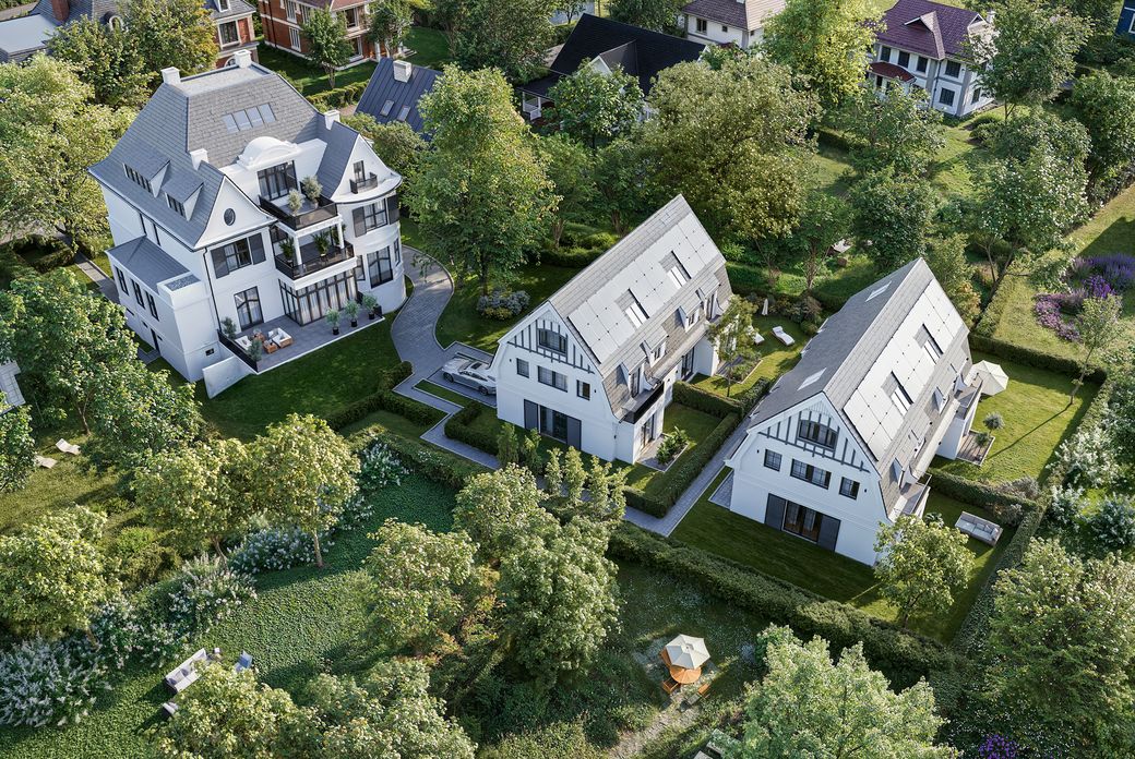 Aerial view of leafy suburban neighborhood with white multi-story houses, manicured lawns, hedges and trees, driveways and solar-roof panels.