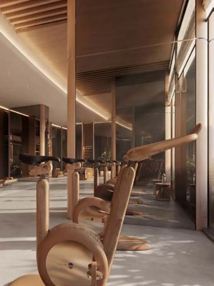 Sunlit gym with wooden exercise machines featuring circular handles, arranged along floor-to-ceiling windows beneath a slatted ceiling. AI-generated image