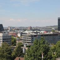 Skyline-Blick auf eine Stadt mit modernen Gebäuden, einem hohen schwarzen Turm und üppigem Grün unter klarem blauen Himmel.